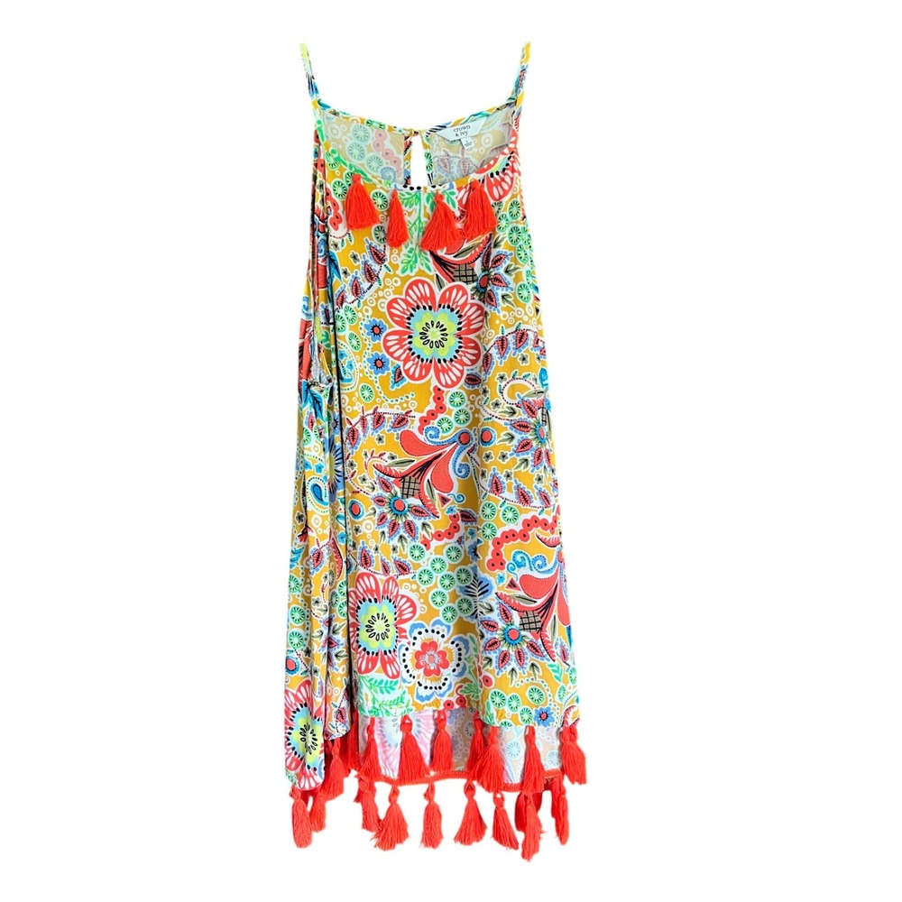 Crown & Ivy Womens Large Floral Paisley Tassel Tank Top Yellow Red Boho Halter
